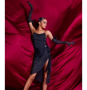 Women girls black red latin dance dresses flowy glitter salsa rumba latin dance outfits for female